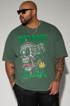 Available In Green. T-Shirt Crew Neck Short Sleeve Screen Print Disclaimer: Due To The Printing Process A Difference In Saturation May Occur. Each Garment Is Unique. 100% Cotton Imported | Mens Cypress Hill Insane Oversized Short Sleeve Tee Shirt in Green size 2XL by Fashion Nova Green Oversized Graphic Tee, Oversized Green T-shirt With Screen Print, Oversized Green Shirt For Streetwear, Green Oversized Shirt For Streetwear, Streetwear Green Shirt With Front Print, Green Streetwear Shirt With Front Print, Oversized Green Graphic Tee Shirt, Oversized Green Slogan Top, Green Shirt With Front Print For Streetwear