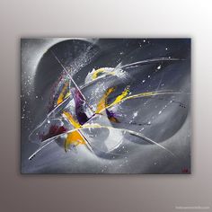 an abstract painting with white, yellow and purple colors on a gray background is shown