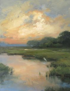 an oil painting of a sunset over a marshy field with clouds in the sky