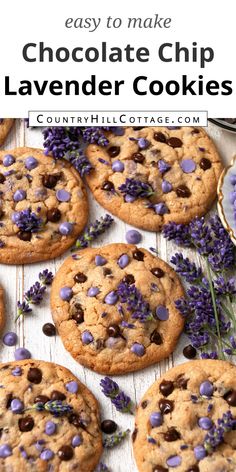 lavender chocolate chip cookies on a white wooden board. Candy Cookies, Milk Chocolate Chips, Homemade Cookies