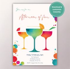 a flyer for an afternoon of fun with two glasses of drinks and confetti