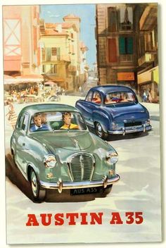 an advertisement featuring two cars driving down the street