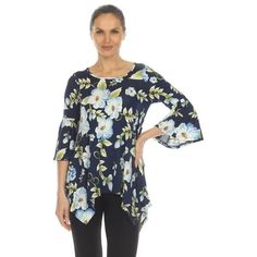 White Mark Women's Floral Blanche Tunic Top drapes stunningly on the body. It features a beautiful floral print, scoop neckline,  bell sleeves, and a SharkBite hemline for a stylish finish. Side pockets are hidden on each side to store small essentials such as wallet or keys. The material is made from a high-quality Polyester and Spandex blend fabric thats super soft and lightweight. White Mark Women's Floral Blanche Tunic Top styles perfectly with leggings or jeans. Size: M.  Color: Blue.  Gender: female.  Age Group: adult. Fitted Floral Print Blouse With Bell Sleeves, Spring Floral Print Bell Sleeve Blouse, Elegant Floral Print Stretch Blouse, Stretch Floral Print Blouse For Brunch, Elegant Stretch Floral Print Blouse, Elegant Floral Print Stretch Top, Elegant Stretch Floral Print Top, Outdoor Storage Boxes, Fashion White