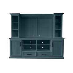 a blue entertainment center with drawers and cupboards on the bottom, in front of a white background