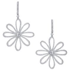 A admirable pair of dangle earrings showcasing a round brilliant diamond center stone accented with eight open-work petals, set in a floral -motif design, embellished with round brilliant melee diamonds. Diamond weigh 2.38 carats total. Made in 18K White Gold. Roman Malakov is a custom house, specializing in creating anything you can imagine. If you would like to receive a special quote on a custom piece please message or call us. Luxury Flower Shaped Diamond Earrings With Accents, Luxury Flower-shaped Diamond Earrings With Accents, Luxury Flower Shaped Diamond Earrings, Luxury White Flower Diamond Earrings, Luxury Diamond White Flower Earrings, Luxury Flower Diamond Earrings, Luxury Flower-shaped Diamond Earrings, Luxury Silver Diamond Flower Earrings, Diamond Flower-shaped Earrings For Formal Occasions