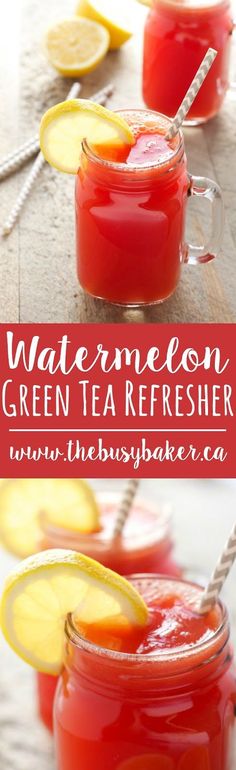 watermelon green tea refresher in mason jars with lemon wedges