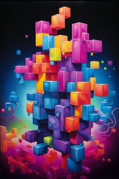 an abstract painting of colorful cubes on black background