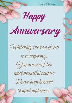 happy anniversary card with pink tulips on blue background and text that reads, wishing the two of you is