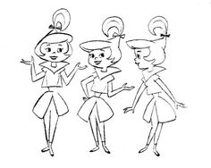 three cartoon girls with hats and dresses, one is pointing to the side while the other has