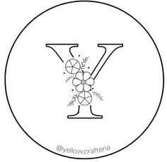 the letter y is decorated with flowers and leaves in black on a white circular background