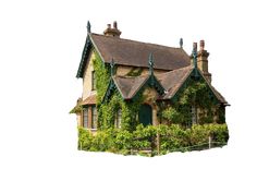 an old house with ivy growing on it's roof and windows, surrounded by vines