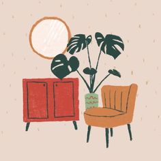 a drawing of a chair, cabinet and plant