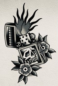 a black and white drawing of a skull with flowers