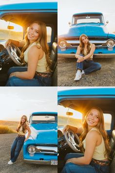 a woman sitting in the driver's seat of an old blue pick up truck