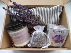 the lavender box is packed and ready for someone to use it as a spa gift