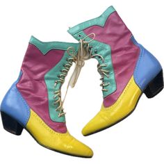 Oak Tree Farms Rad Color Block Victorian Western Boot Size 8 Great Pre Owned Condition The Leather And Shoe Making Quality On These Is Really Exceptional Size 8b Would Be Great For Fun Events Like Festivals Color Blocked Boot Giving 1980s, Clown, Bowling Shoe Vibes These Boots Are Truly One Of A Kind. I Can’t Find Any Other Oak Tree Farms Boots With So Many Bright Colors. There Is A Scuff On The Front Toe Of One Of The Boots. The Heels Show Signs Of Wear As Shown In The Photos. A Good Shoe Cobbler Could Repair These Although They Are In Good Enough Condition To Wear As Is. The Purple Tongue Has Slits For The Laces To Go Through Photos Are Part Of The Listing Description. Measurements Rad Color, Shoe Cobbler, Shoe Making, Bowling Shoes, Western Boot, Fun Events, Tree Farms, Oak Tree, Cobbler