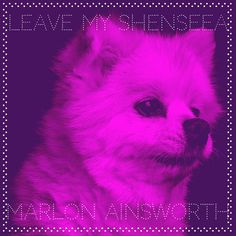 a dog that is sitting down in front of a purple and black background with words