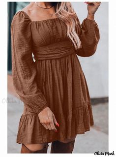 Olivia Mark - Solid Color Square Neck Short Dress with Long Sleeves and Ruffled Hem Pleated Dress Short Dress With Long Sleeves, Bodycon Midi Skirt, Floaty Dress, Brown Outfit, Neck Bodycon Dress, Dress With Long Sleeves, Linen Maxi Dress, Long Sleeve Bodycon, Types Of Skirts