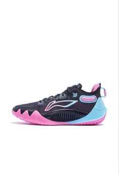 a black and blue sneaker with pink accents on the soles is seen against a white background