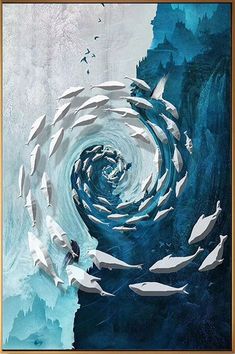 an abstract painting with white and blue colors on the bottom, surrounded by smaller fish