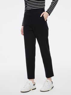 Details: Simple and airy black chinos Overall sharp and straight lines Mid-seam design of trousers Delicate woven labels Materials & Care: Wool 50.8%. Cotton 47.1% Spandex 2.1% Hand wash | Dry clean Do not bleach Size & Fit: Model is 5'7", Bust 32, Waist 24, Hips 35, wearing a size S Item #: IL4PA40 Chic Black Bottoms With Seam Detailing, Black Straight Leg Bottoms With Seam Detailing, Casual Office Bottoms With Straight Hem, Spring Workwear Pants With Minimal Stretch, Workwear Pants With Seam Detailing, Relaxed Fit Workwear Pants With Seam Detailing, Black Pants With Seam Detailing For Work, Chic Pants With Seam Detailing And Tapered Leg, Casual Office Pants With Straight Hem