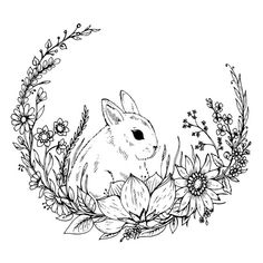 a rabbit sitting in the grass surrounded by flowers and leaves on a white background royalty illustration