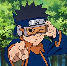 naruto pointing at the camera with his headphones on and wearing goggles