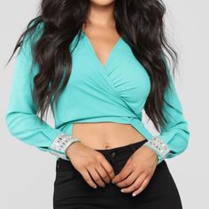 Fashion Nova Blouse, Sizing Is L. Elegant Fitted Turquoise Tops, Spring Fitted Turquoise Blouse, Chic Blue Top For Night Out, Fitted Turquoise Blouse For Spring, Chic Turquoise Blouse For Spring, Chic Turquoise Spring Tops, Chic Blue Tops For Party, Chic Blue Blouse For Night Out, Trendy Light Blue Top For Party