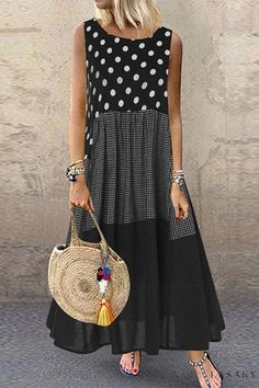 Lasaky - Polka Dot Print Colorblock Long Sleeveless Dress Casual Polka Dot Patchwork Dress, Black Sleeveless Patchwork Dress For Spring, Casual Black Sleeveless Dress For Beach, Summer Polka Dot Patchwork Dresses, Ruffle Sundress, Stitching Dresses, Dresses Casual Fall, Sleeveless Long Dress, Long Dress Casual