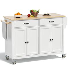 a white kitchen island with wooden top and two drawers on casteors is shown against a white background