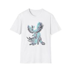 Gorgeous bird art design in a tribal style with flowing feathers and a cool blue, teal and black color scheme. All art is original and hand drawn by the artist Oliver Massicotte. The unisex soft-style t-shirt puts a new spin on casual comfort. Made from very soft materials, this tee is 100% cotton for solid colors. Heather colors and sports grey include polyester. The shoulders have twill tape for improved durability. There are no side seams. The collar is made with ribbed knitting to prevent curling damage.  .: Made with 100% ring-spun cotton, a lightweight fabric (4.5 oz/yd² (153 g/m this unisex t-shirt feels like a bliss to wear all year round.  .: The classic fit with the crew neckline deliver a clean, versatile style that can match any occasion, whether it's formal or semi-formal.  .: Bohemian Blue Printed T-shirt, Bohemian Blue T-shirt With Graphic Print, Bohemian Blue Graphic Print T-shirt, Blue Bohemian Graphic Print T-shirt, Blue Teal, Bird Design, Bird Feathers, Tee Design, Bird Art