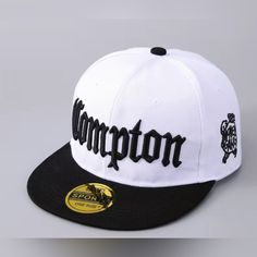 Brand New Without Tags, Very Nice White / Black "Compton" Flat Brim Snapback Hat. White Adjustable Fitted Hat With Letter Print, White Flat Brim Baseball Cap With Letter Print, White Hip Hop Snapback Hat With Letter Print, White Hip Hop Trucker Hat With Letter Print, White Snapback Hat With Letter Print And Short Brim, Adjustable White Baseball Cap With Letter Print, Classic White Baseball Cap With Letter Print, Classic White Hats With Letter Print, White Snapback Hip Hop Baseball Cap