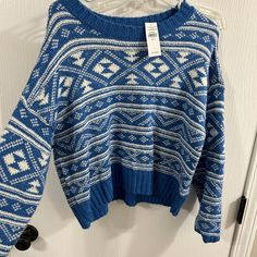 Nwt American Eagle Cropped Sweater - Size Small Casual Blue Sweater With Fair Isle Pattern, Blue Angel Sweater, Casual Blue Fair Isle Sweater, American Eagle Oversized Sweater, American Eagle Coquette, American Eagle Knit Sweater, American Eagle Crop Top, Cropped Sweater, Sweater Sizes