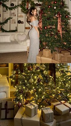 a woman standing in front of a christmas tree with presents under it and another photo of a woman wearing a white dress