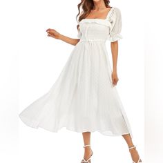 Nwt R. Yiposha Women White Prairie Summer Beach Flowy Midi Dress Features 100% Cotton Drawstring Waist Ruffle Puff Short Sleeve Square Neck Smock Bust Color: White Bust 31.1” Waist 27.2” Length 46.9” Size 8/10 New With Tag. Occasion: Date Night, Wedding, Bridal Shower, Birthday, Party, Dinner, Travel, Beach, Resort Wear, Cruise, Sorority Rush, White Prairie Dress Flowy Sleeve Dress, Black Midi Wrap Dress, Birthday Party Dinner, Beach Resort Wear, Brooch Dress, Sorority Rush, Flowy Midi Dress, Night Wedding, Party Dinner