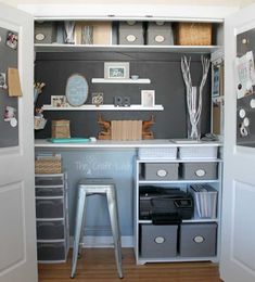 an organized closet with drawers, shelves and stools