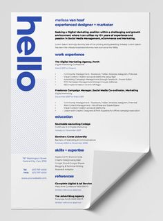 a blue and white resume is shown on top of a piece of paper with the word hello