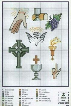 cross stitch chart with different symbols and designs on the front ... Faith Crafts, Beaded Cross Stitch, Diy Cross Stitch