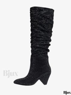 Bjux - Stylish PU Leather Knee High Boots for Women with Rhinestones Embellishments and Cone Heels in Classic Black Thigh High Boots Summer, Vintage Shoes Men, Cone Heels, Groom Shoes, Knee Length Boots, Leather Knee High Boots, Black Knee High Boots, Hot Heels, Bridesmaid Shoes