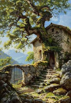 a painting of a stone building with a tree growing out of it