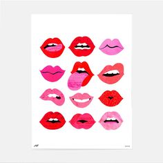 a white poster with pink and red lipstick on it's sides, all in different shapes and sizes