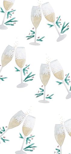 several wine glasses with green sprigs and pine branches on white background, seamless