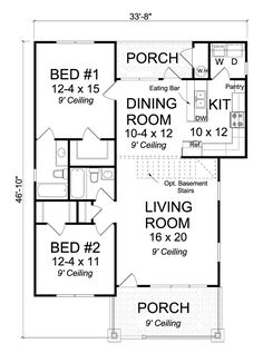 the floor plan for a small house with two bedroom and living areas on each side