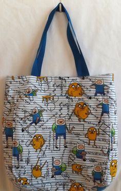 "Large Tote bag made from new print cotton flannel  fabric, Adventure Time  featuring Finn and Jake. This tote bag design is minimalistic and sleek and modern.             Great \"grab and go\" type tote bag.  It has a large pocket on the front that measures 10-1/2 tall and 12\" wide. It closes to the bag with a little piece of Velcro. The lining is made from blue and white print  cotton fabric, it has one open pocket  and closes with magnetic snap. I have lined this fabric with batting to add b Adjustable Bag, Gifts For My Sister, Large Tote Bag, Large Tote, Flannel Fabric, New Print, Cotton Flannel, Tote Bag Design, Adventure Time