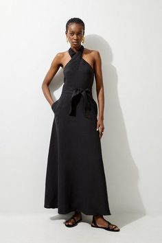 Fluid Tailored Halterneck Belted Maxi Dress | Karen Millen Unique Wedding Guest Dress, Bride Party Dress, Belted Maxi Dress, Latest Maxi Dresses, Outfits For Mexico, Casual Work Dresses, Spring Wedding Guest Dress, Petite Business Casual, Ibiza Outfits