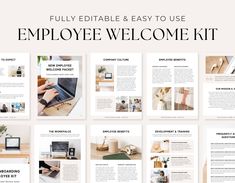 the employee welcome kit is displayed on a white background with text that reads, fully editable and easy to use