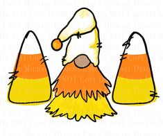 a drawing of three candy cones with a man's face in the middle and an orange hat on top