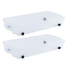 two plastic storage bins with wheels on each side