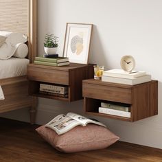 two nightstands with books and magazines on them