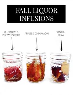 four jars filled with different types of liquid and ingredients labeled in the words fall liquor infos